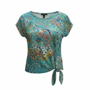 Lauren Ralph Lauren Blue Paisley Tie Front Knit Top Short Sleeve Women's M